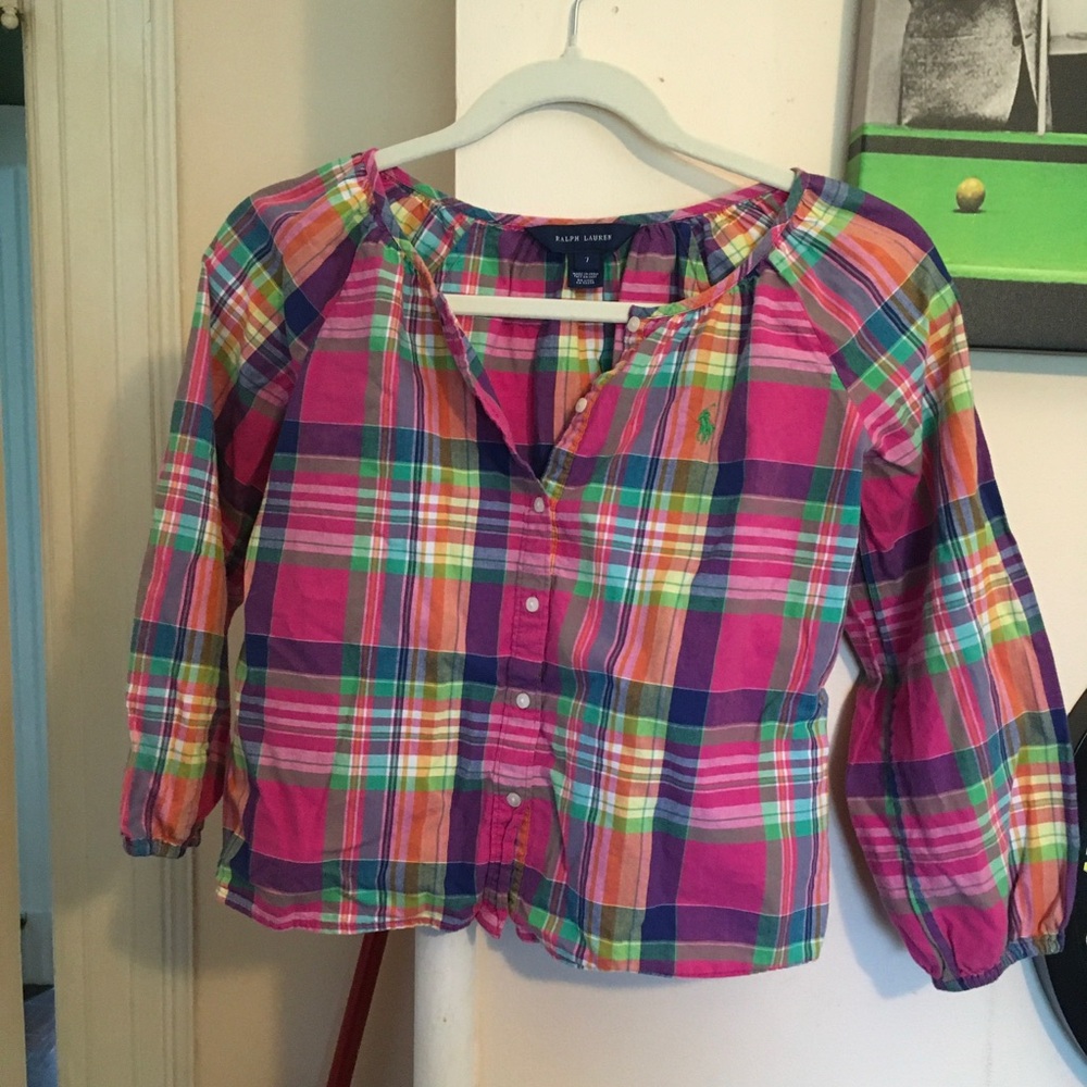 Ralph Lauren  Blue Label Girls' Pink Plaid peasant Top